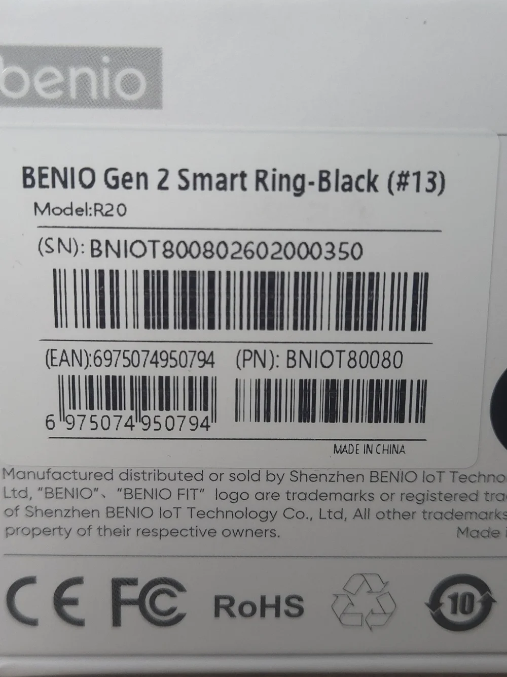 BENIO Gen 2 Smart Ring Black Size 13 Model R20 Fitness Tracker Open Box